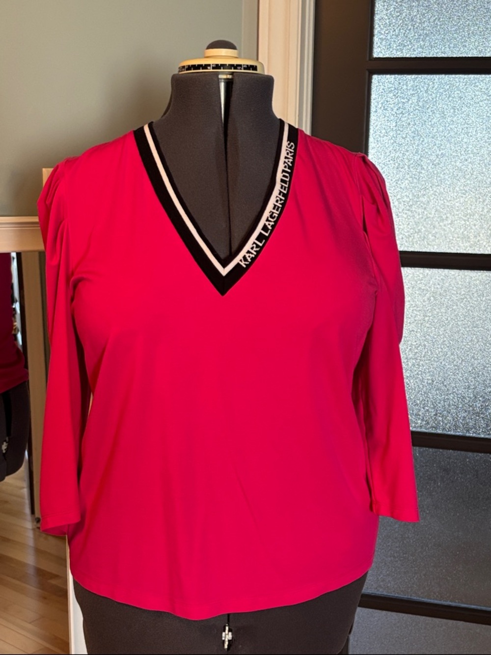 Karl Lagerfeld Bright Pink V-Neck Long Sleeve Top with Contrast Trim